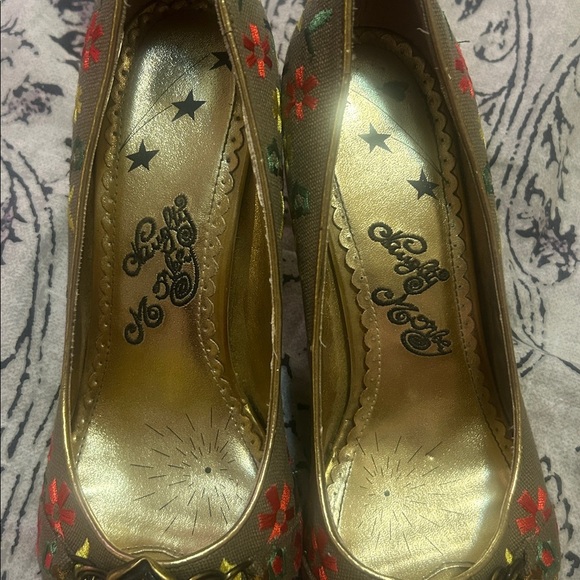 Y2K Naughty Monkey Flower embroidery Floral Peep Toe Heels - Picture 3 of 6